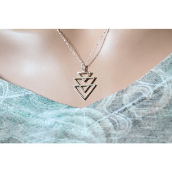 Sterling Silver Stacked Triangle Pendant Necklace - Picture 1 of 5